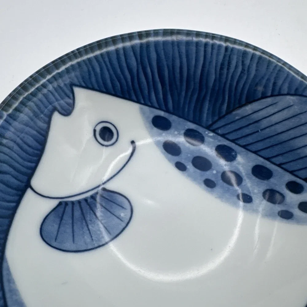 Vintage Rice Soup Dip Bowls Fish Blue & White Blowfish Set of 2 Nautical Japan